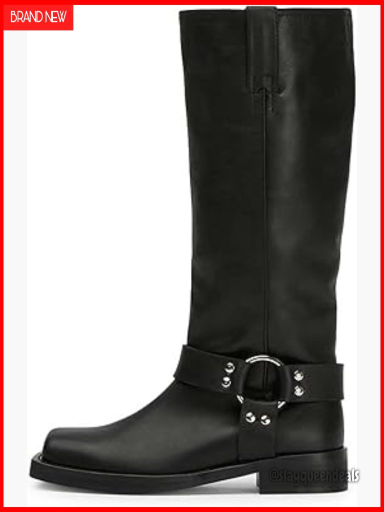 Knee High Motorcycle Boots Chunky Heel Square Toe Pull On Wide Calf